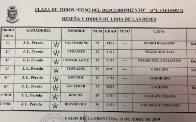 Sorteados los toros del Hierro de José Luis Pereda para esta tarde en Palos de la Frontera. Que Dios reparta suerte
